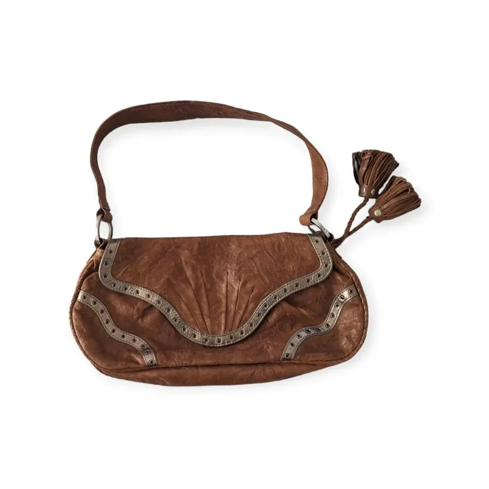 Chestnut leather purse handbag with metallic trim